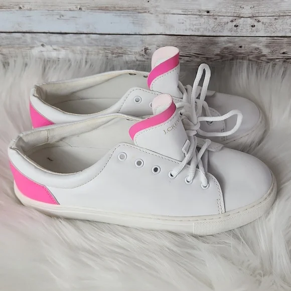 J. Crew, women's white with pink sneakers. Hardly used. Leather Flocking, Sz 7.5 - Picture 2 of 8